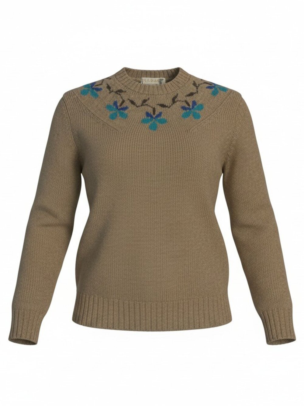 Vintage Braemar 100% Scottish Shetland Wool Floral Neck Sweater Carmel 38